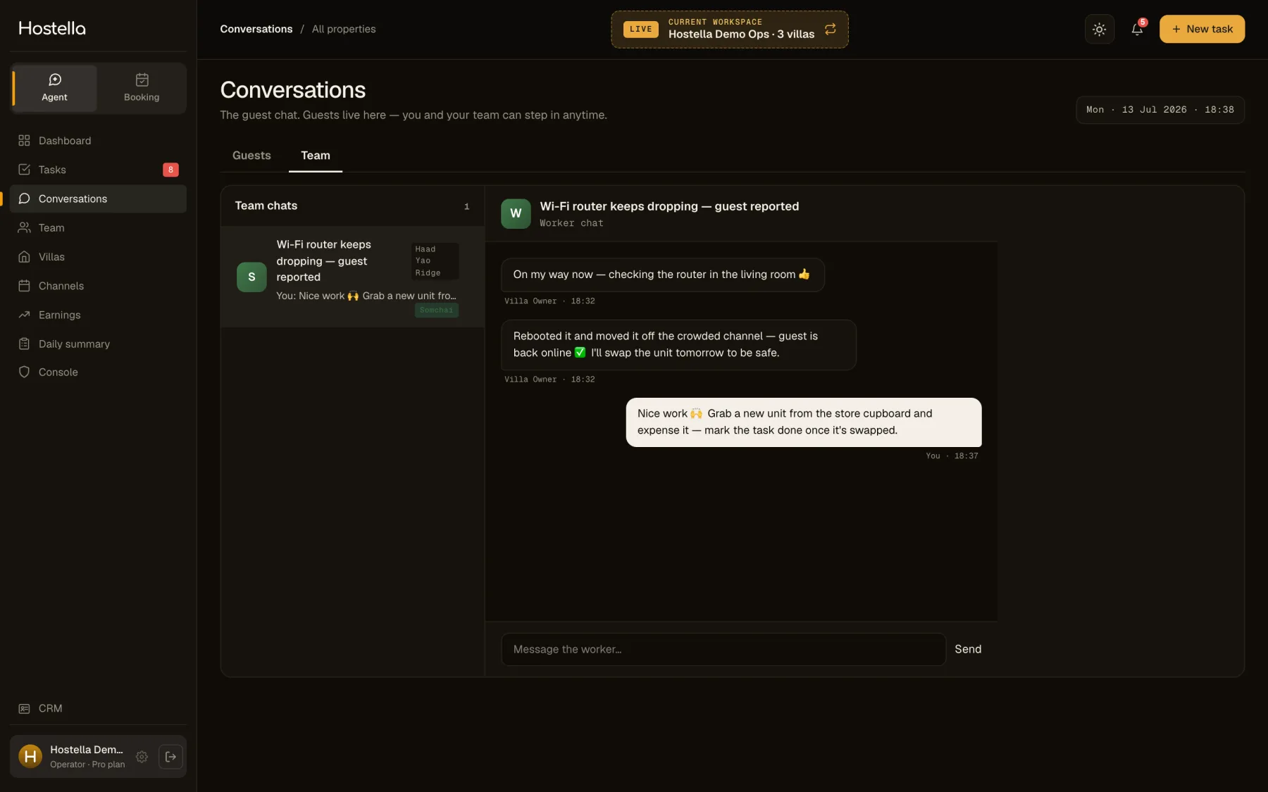 The Hostella operator dashboard — every conversation and task on one board