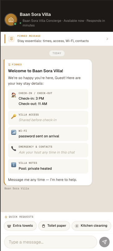 Hostella guest app — villa concierge chat with check-in, Wi-Fi and stay details